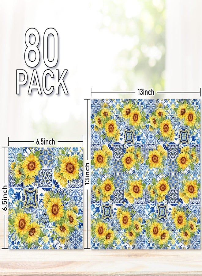 JarThenaAMCS مناديل ورقية من JarThenaAMCS، 80 قطعة، بتصميم زهور عباد الشمس، باللونين الأزرق والأصفر، للاستخدام مرة واحدة، مثالية لعشاء صيفي مزهر، ولحفلات الغداء، ولتزيين الحفلات. - Image 2